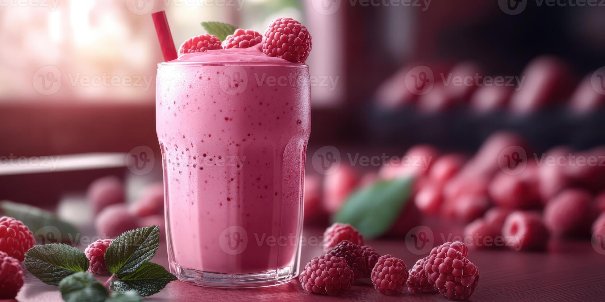 Refreshing raspberry smoothie garnished with fresh berries and mint on wooden table photo