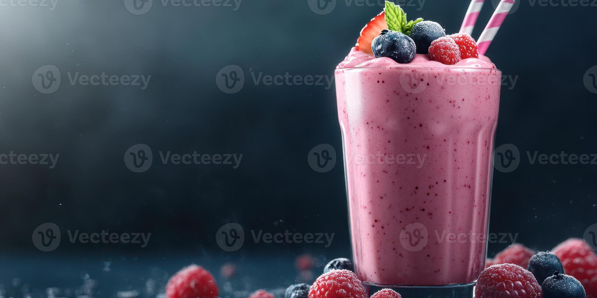 Refreshing berry smoothie with strawberries, blueberries, and raspberries served in a glass on a dark background photo