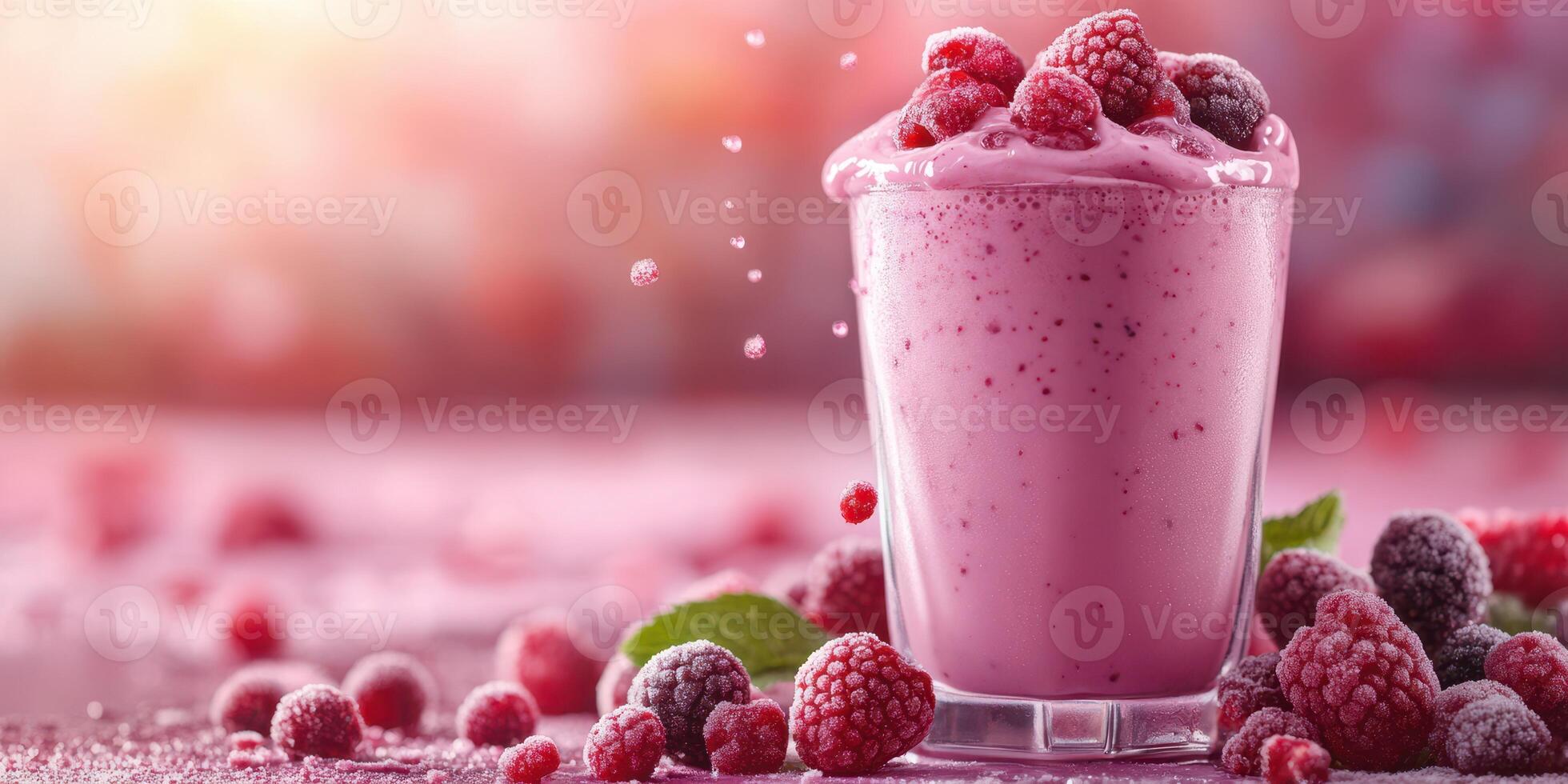 Creamy raspberry smoothie served in a glass with fresh berries surrounding it on a vibrant background photo