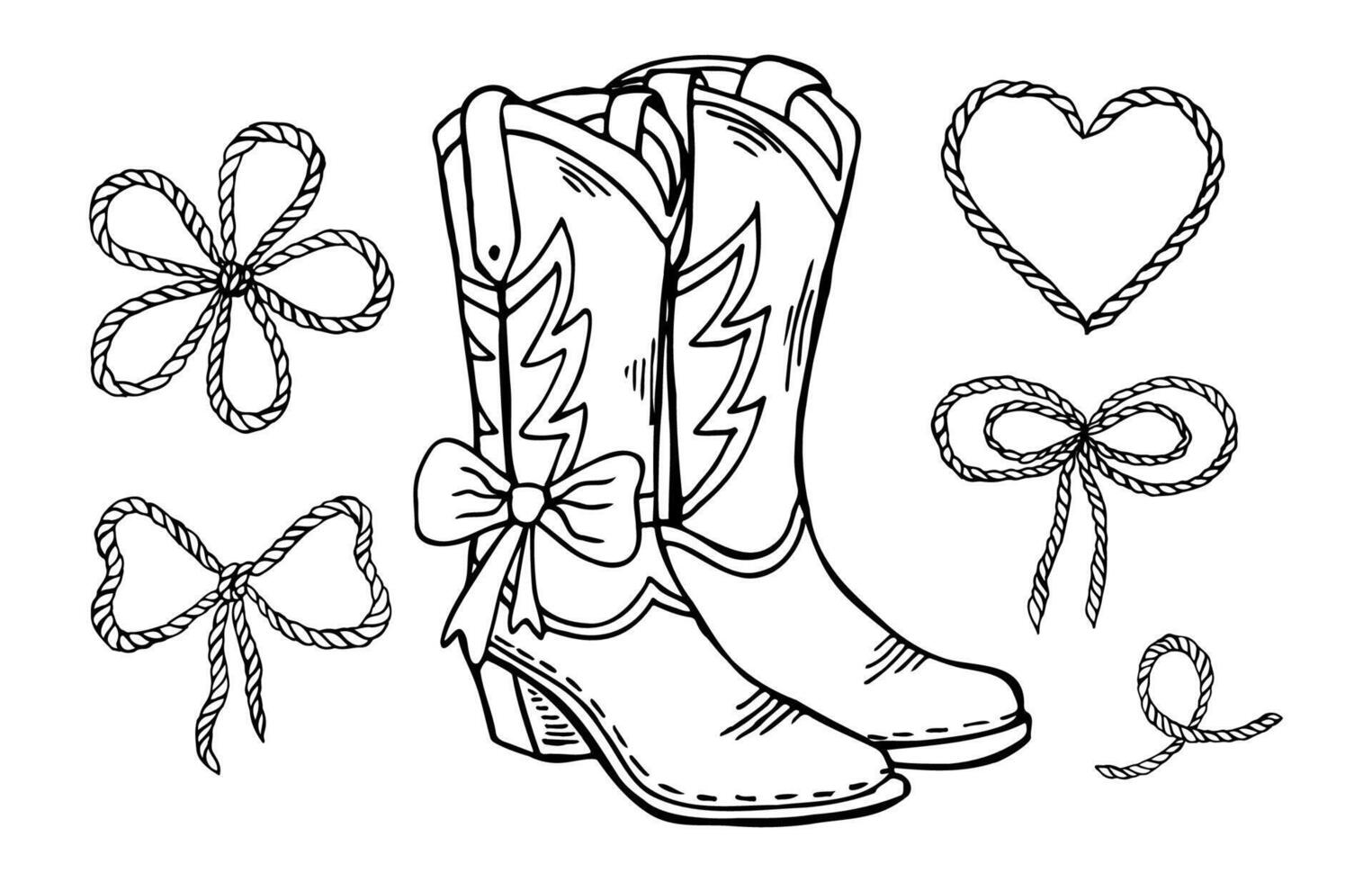 Cowgirl line art illustration featuring stylish boots, decorative bows, and playful doodles inspired by western themes and roping elements vector