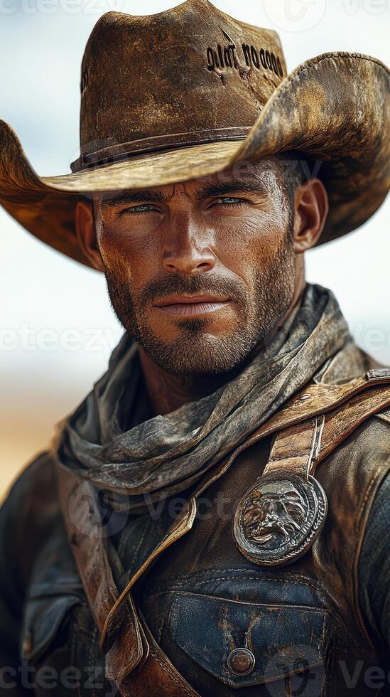 Cowboy in rugged attire captures the spirit of the Wild West in a sunlit desert setting photo