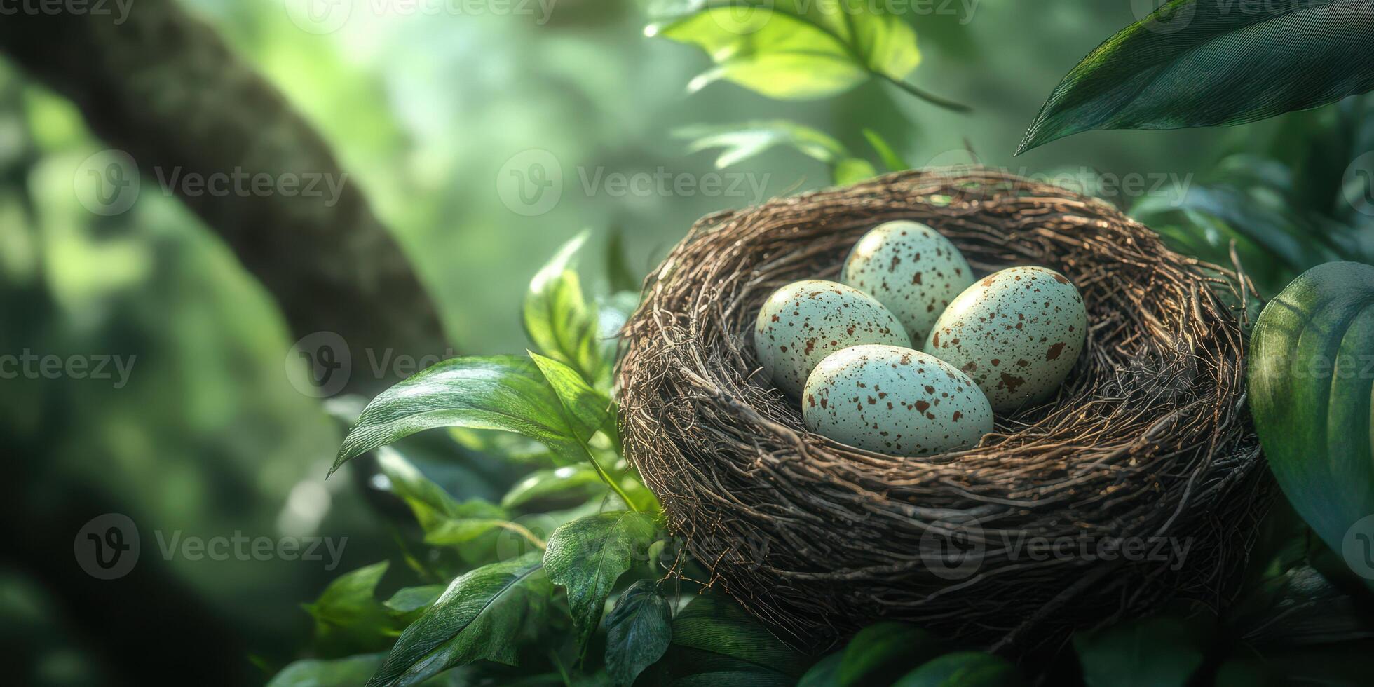 Nest with speckled eggs resting in lush greenery during early morning light in a tranquil forest setting photo