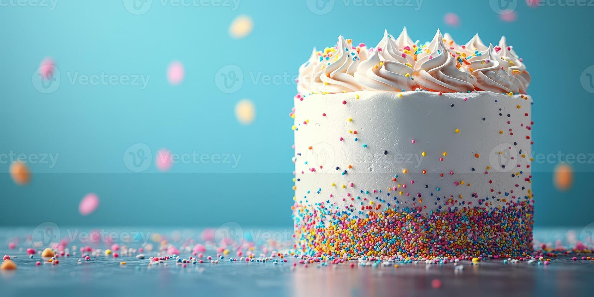 Colorful cake adorned with sprinkles on a blue background creates a festive atmosphere for celebrations and events photo