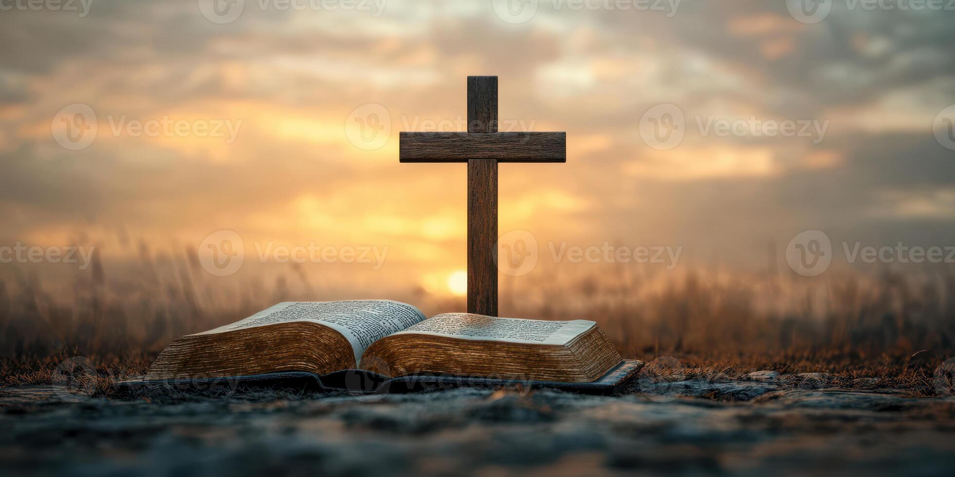 Inspirational moment at sunset with a cross and open Bible in a serene landscape photo