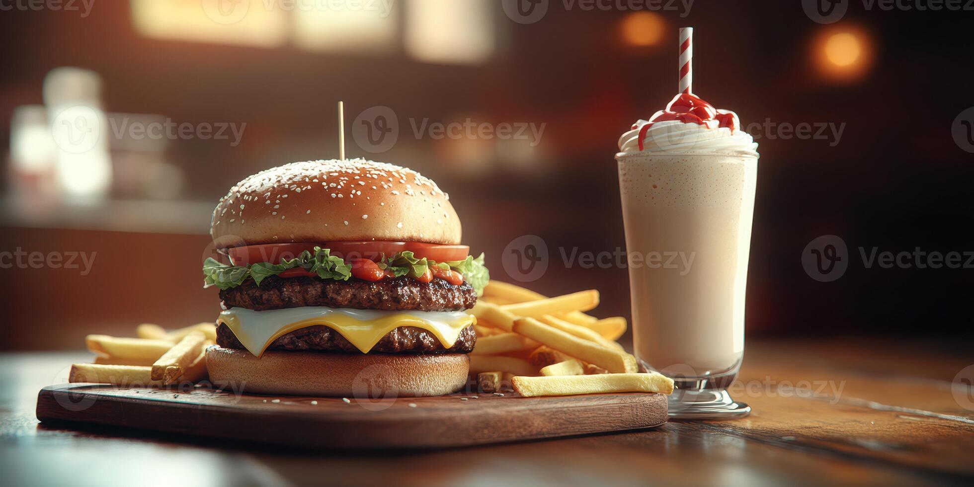 Delicious burger with fries and milkshake served in a cozy diner setting at night photo
