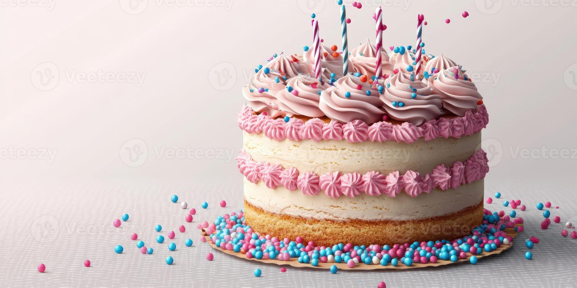 Colorful birthday cake with candles and sprinkles created for a festive celebration in a decorated setting photo