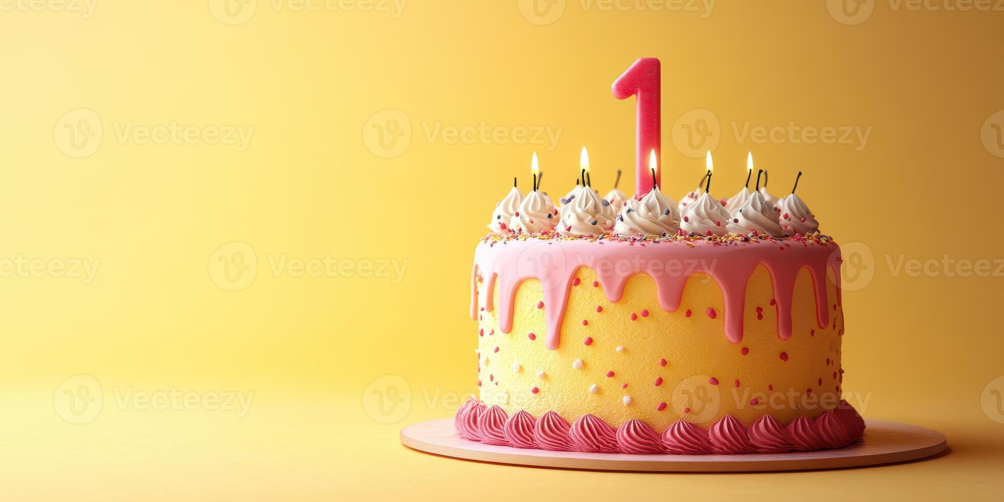 Colorful birthday cake with one candle, perfect for a first birthday celebration photo