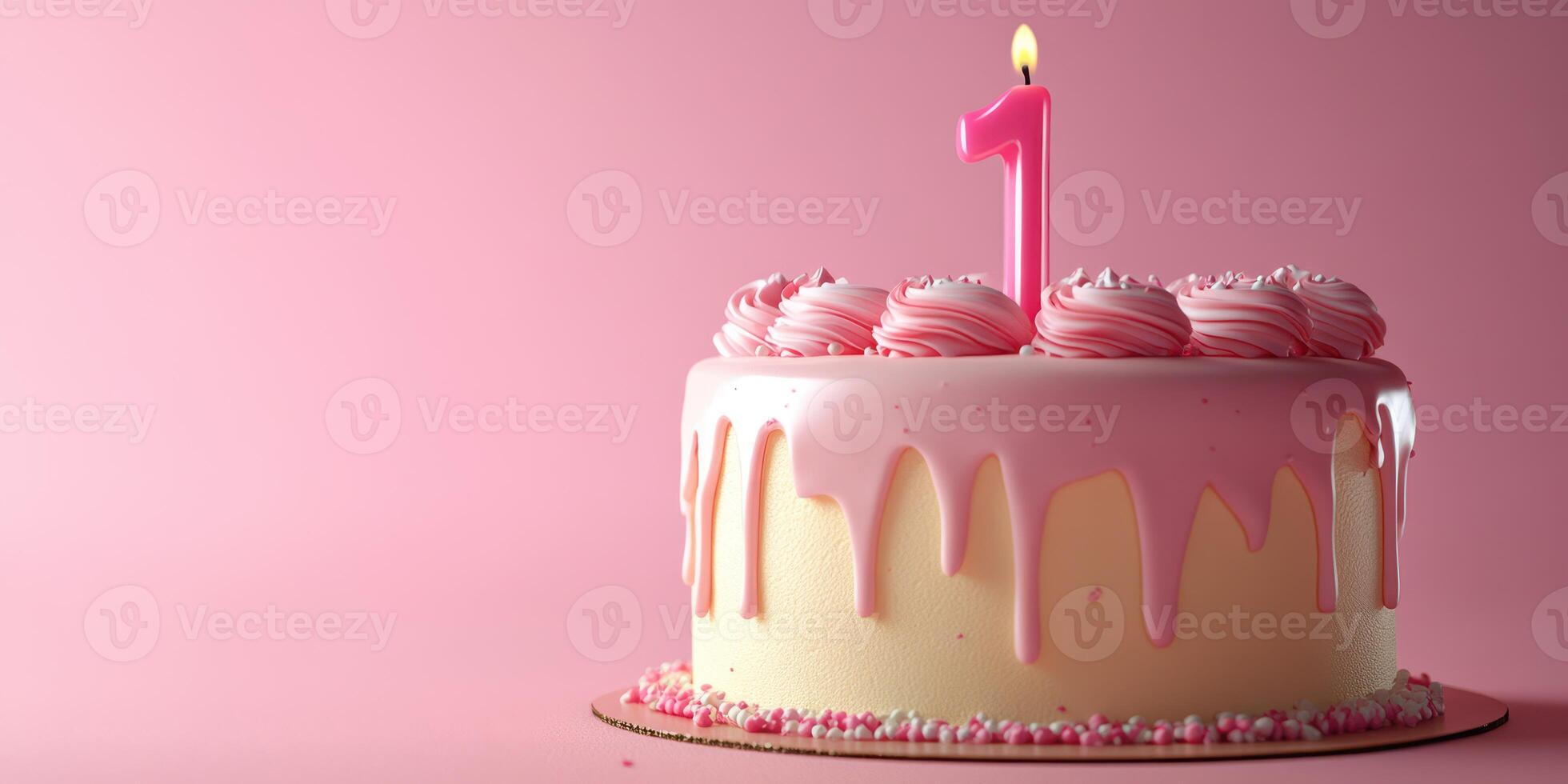 Sweet one year birthday cake with pink frosting and a single candle in a delightful setting photo