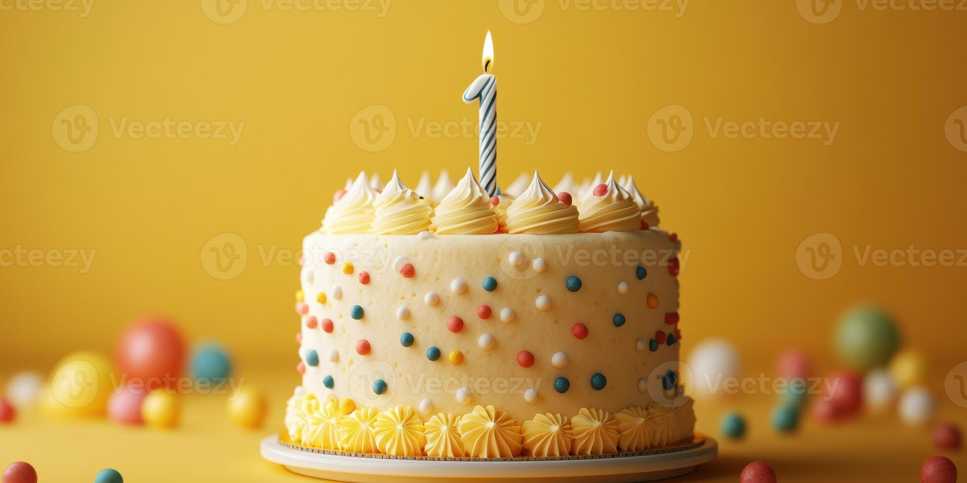 Celebrate a first birthday with a joyful cake decorated with colorful sprinkles and a single candle glowing warmly photo