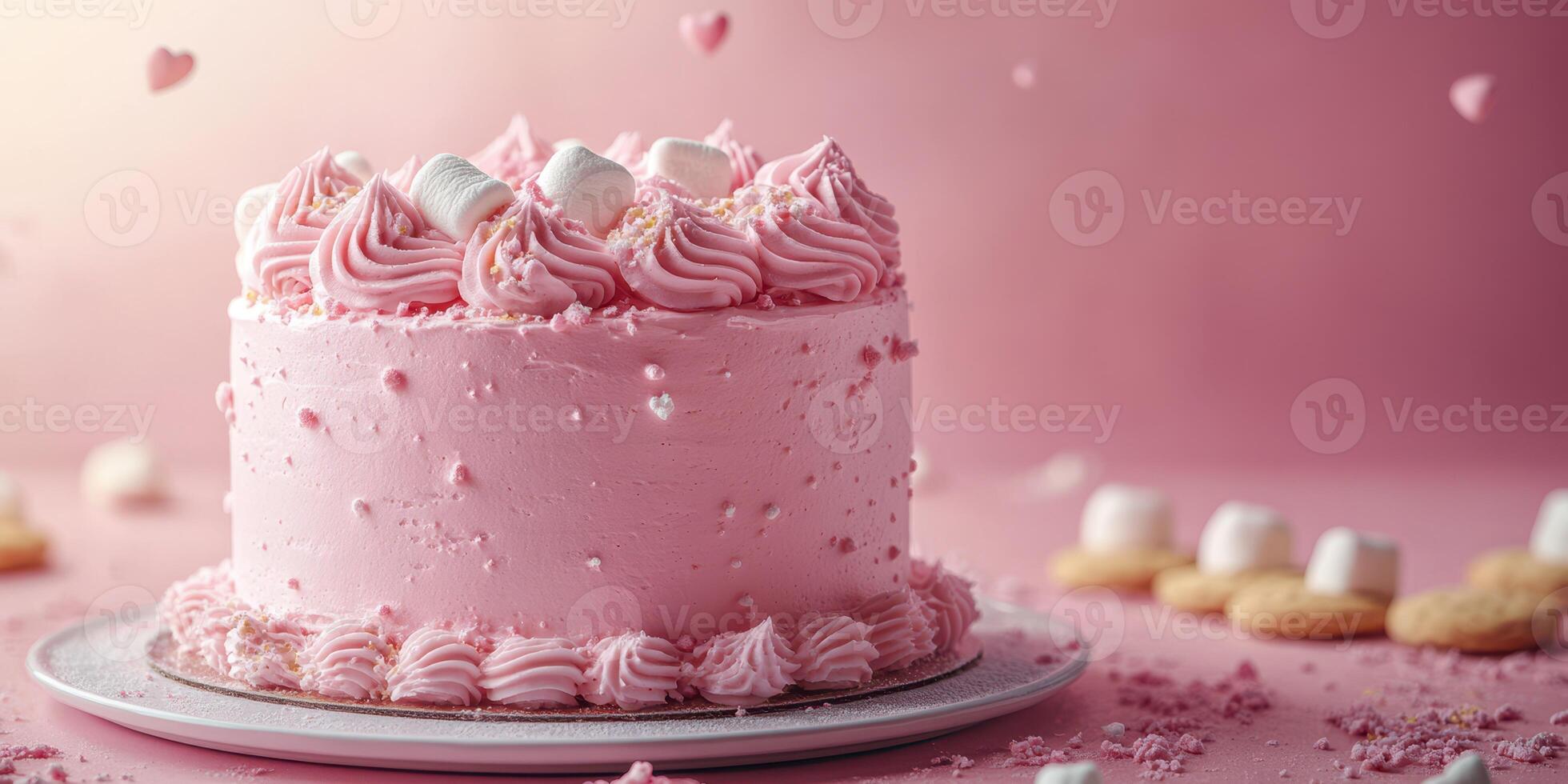 Delightful pink cake decorated with swirls and marshmallows on a pastel background photo