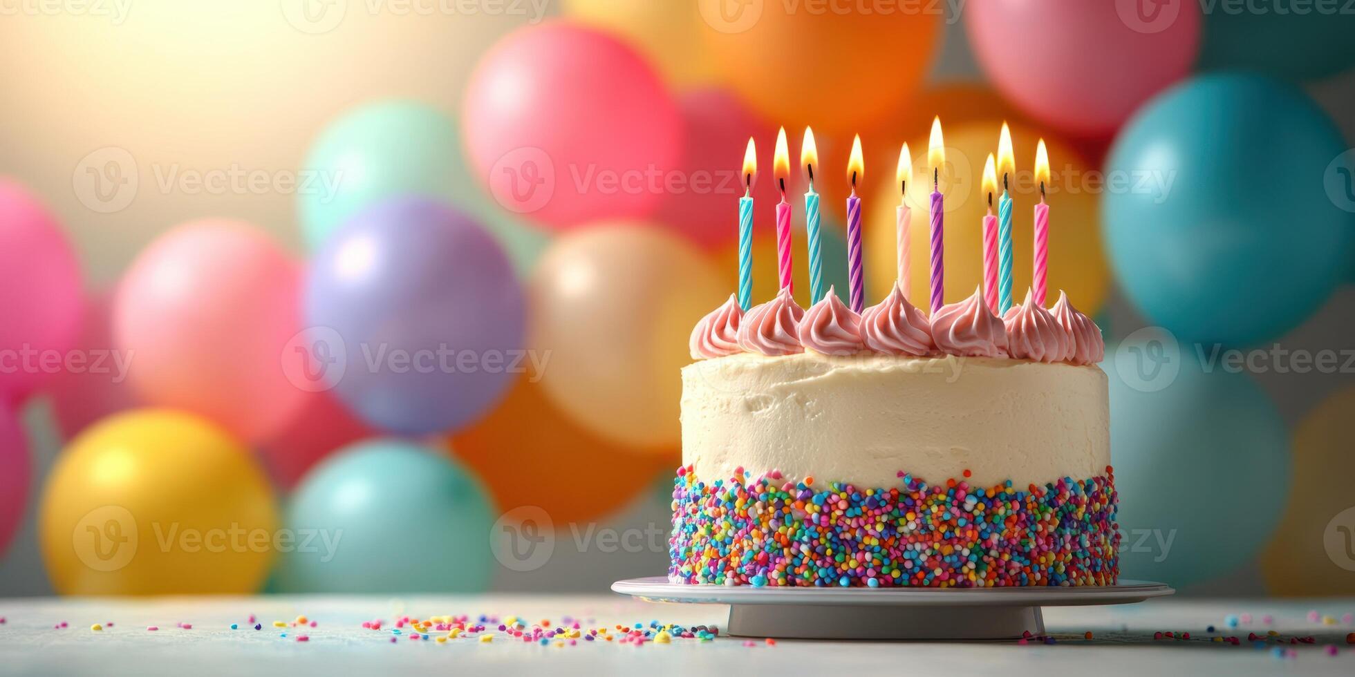 Celebrate a joyous birthday with a colorful cake and glowing candles surrounded by vibrant balloons photo