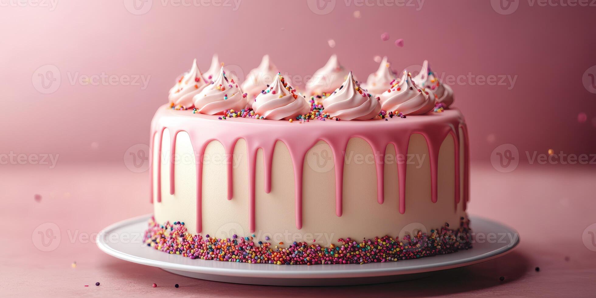 Colorful cake with pink icing and sprinkles on a pastel background for a celebration or special occasion photo