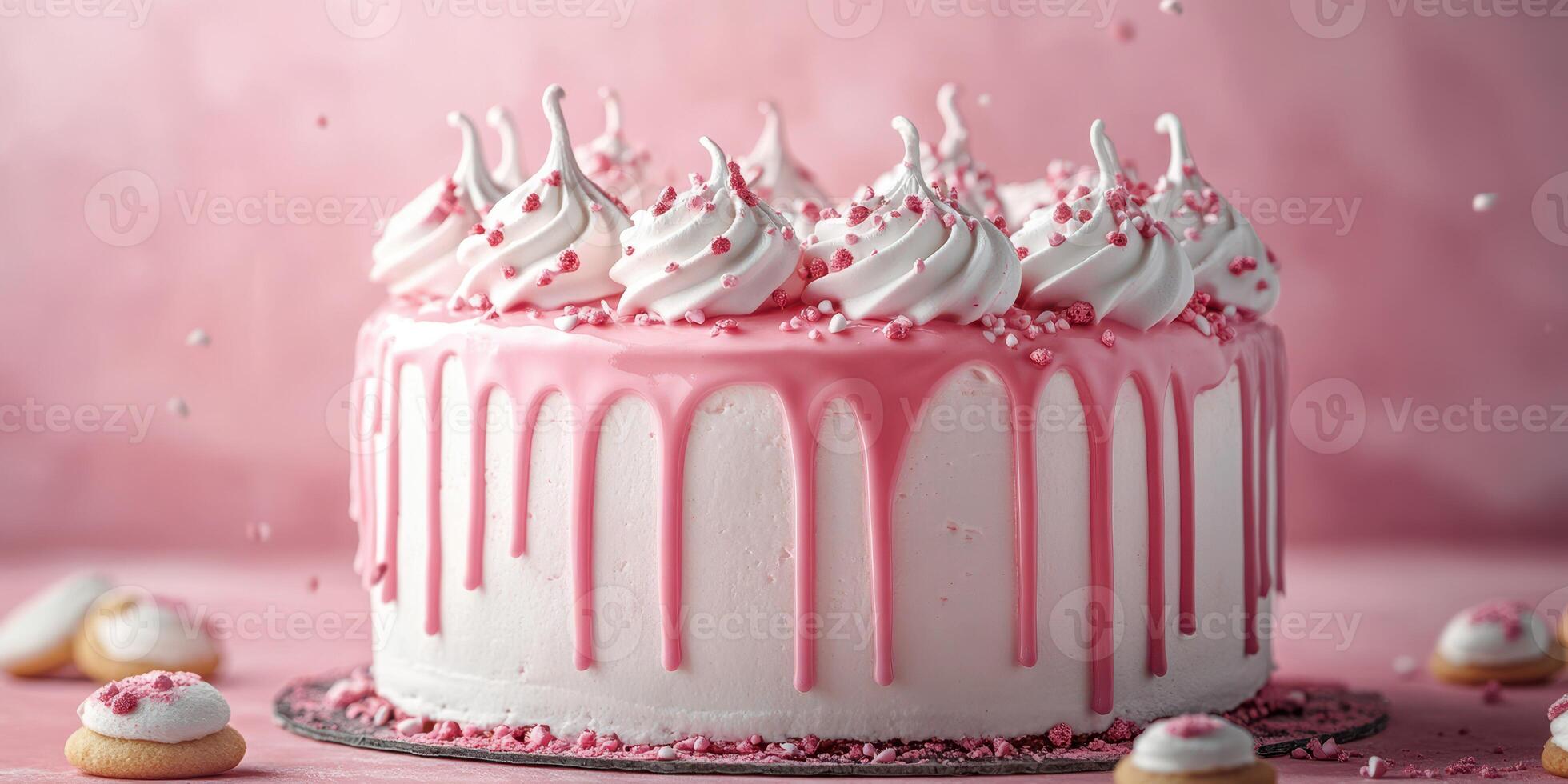 Celebration cake adorned with pink icing and decorative toppings perfect for special occasions and gatherings photo