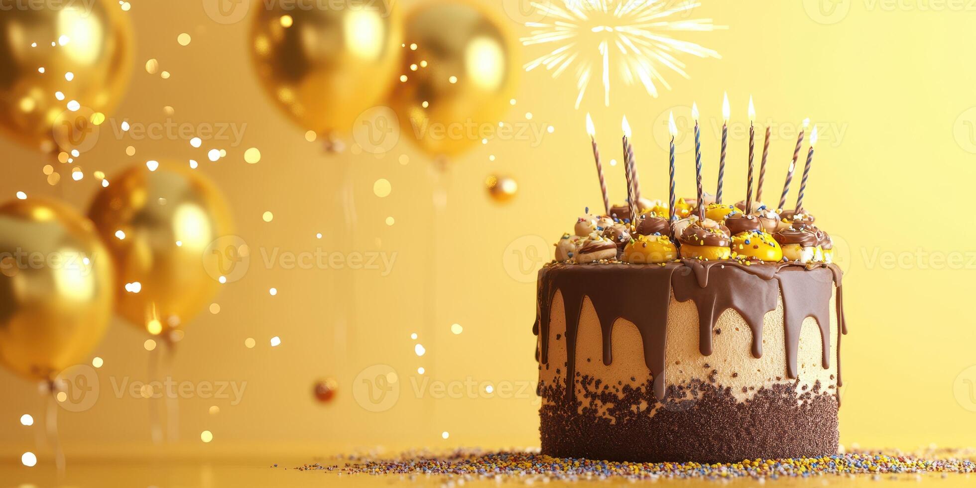 Celebration cake adorned with candles, balloons, and festive decorations for a joyful event photo