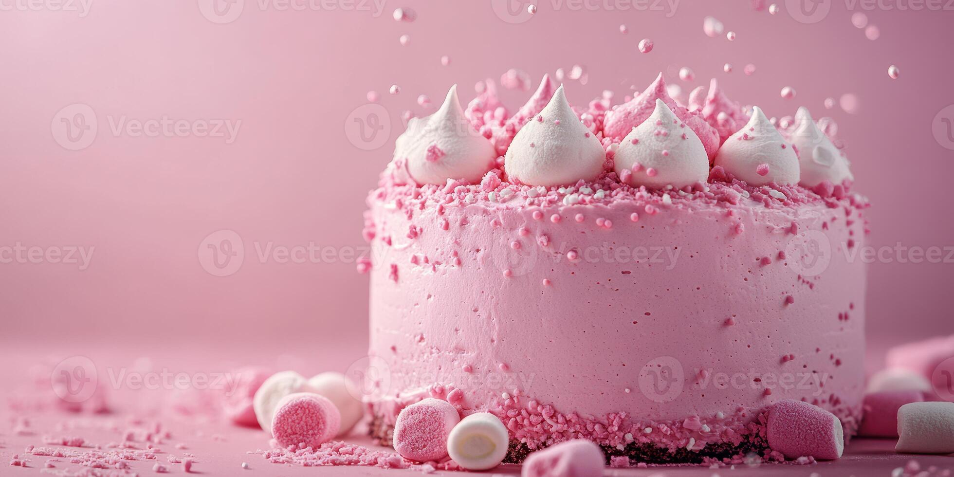 Delicious pink cake decorated with fluffy meringue and colorful sprinkles on a pastel background photo