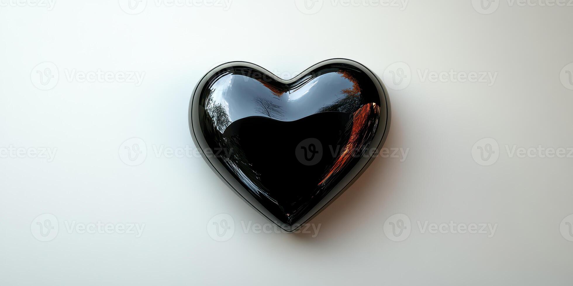 Black heart shaped object on a white surface showcasing reflective qualities and smooth texture in natural light photo