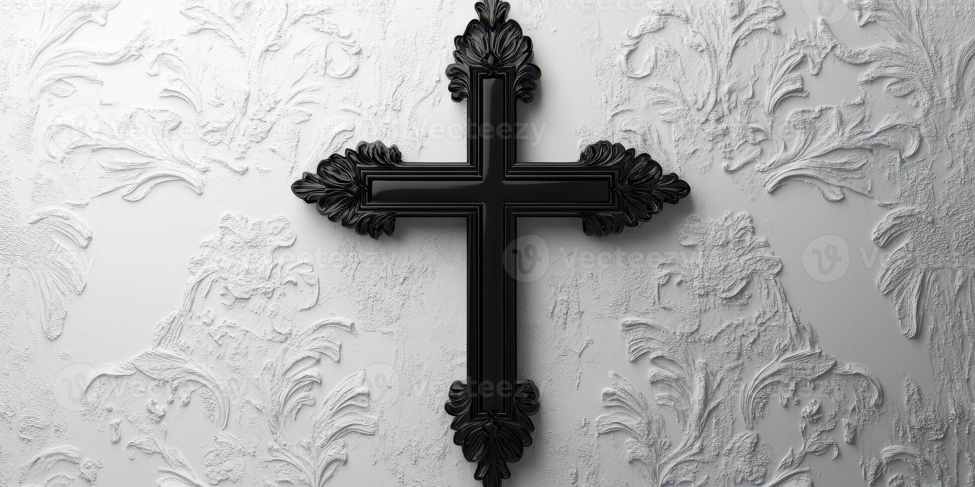 Elegant black cross displayed on textured white wall adds spiritual charm to interior decor photo
