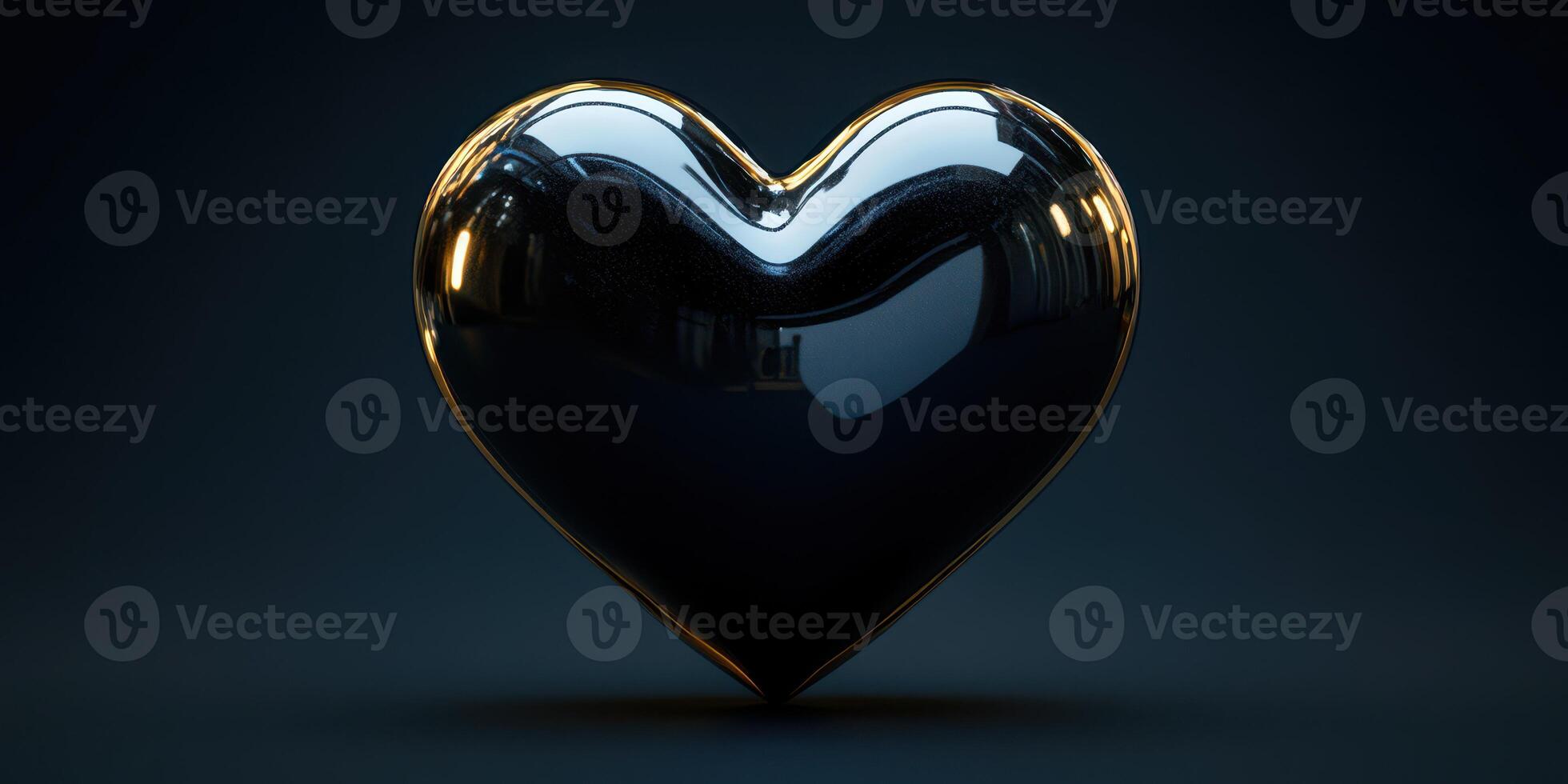 Glossy black heart sculpture with a golden outline in a dark studio setting photo