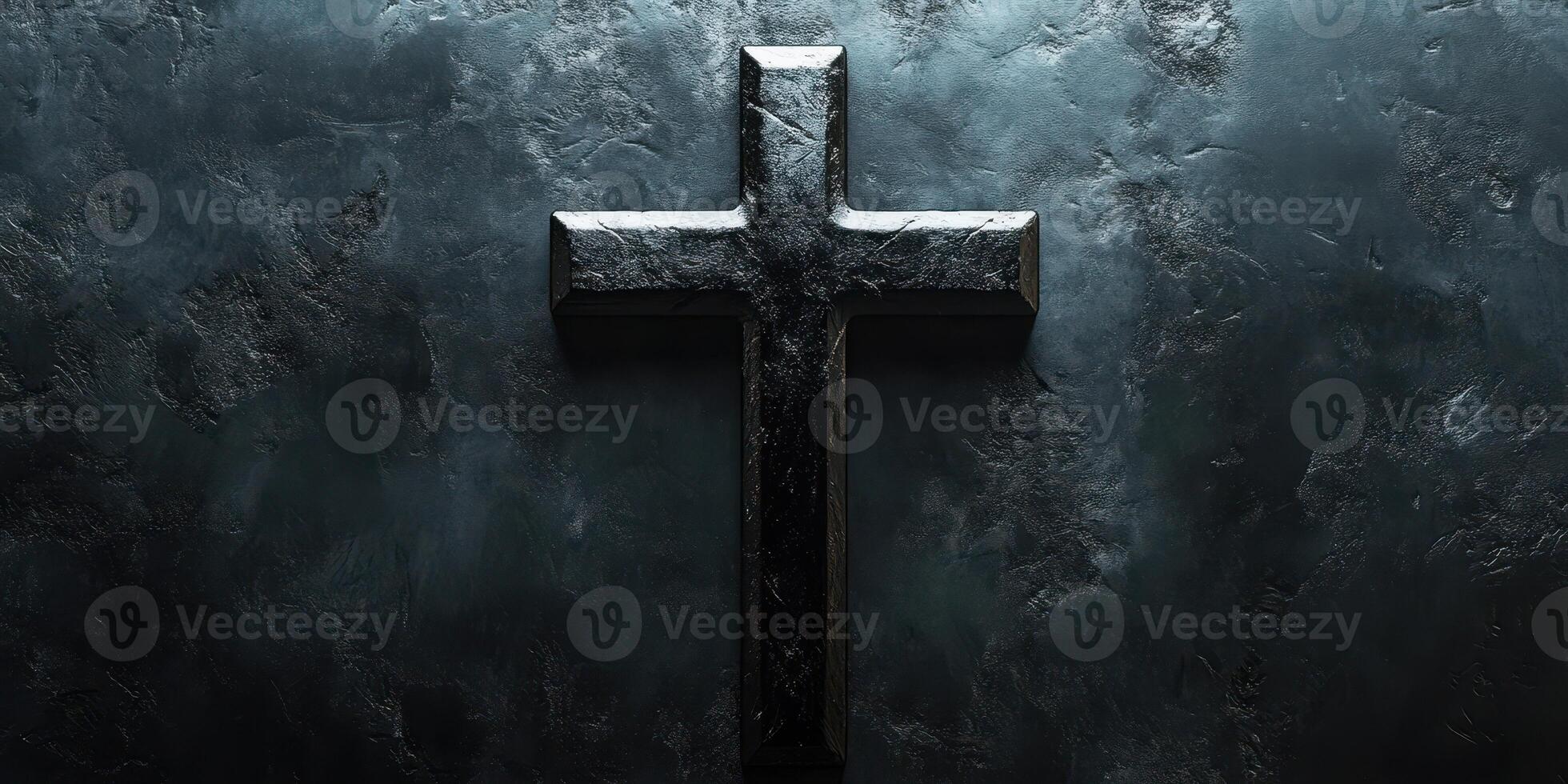 Dark cross resting on a textured black surface emphasizes themes of faith and spirituality photo