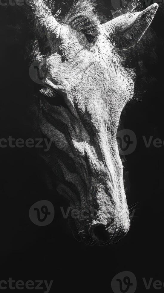 Abstract black and white image of a horse with zebra patterns blending into a dark background during twilight photo