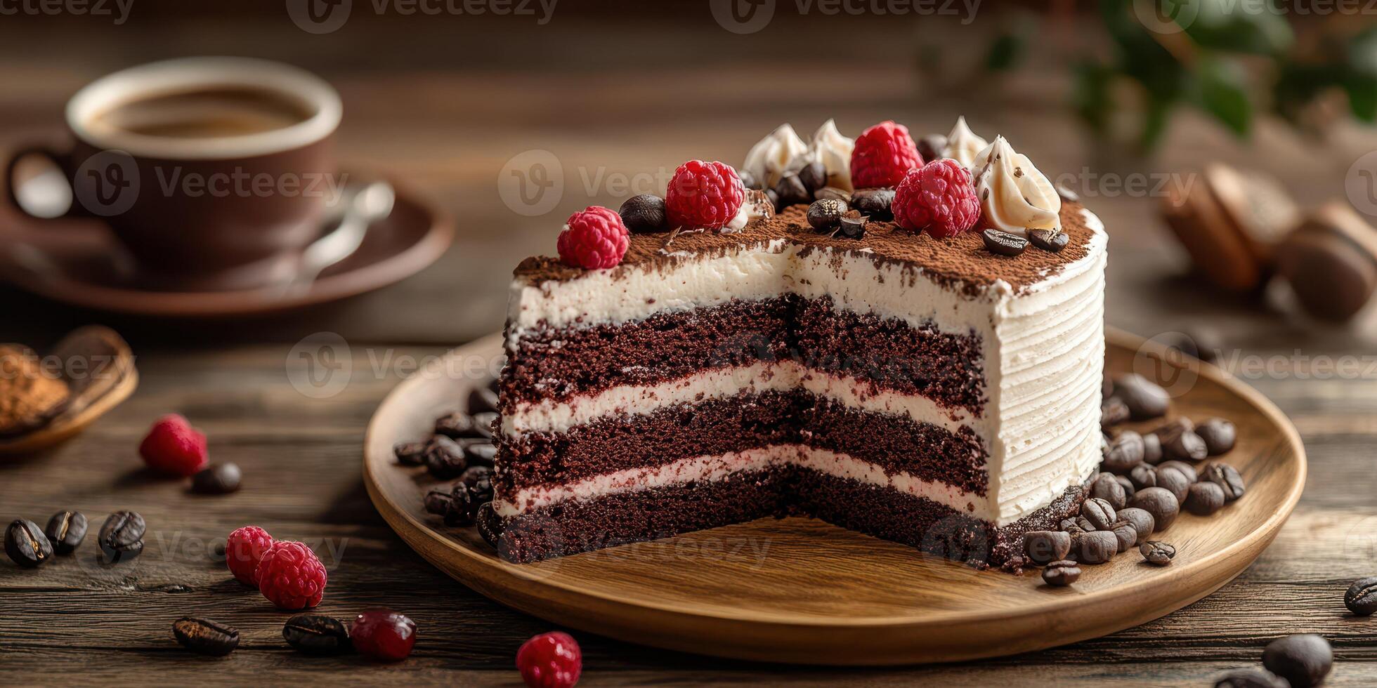 Delicious chocolate cake served on a wooden plate with coffee and fresh raspberries in a cozy cafe setting photo