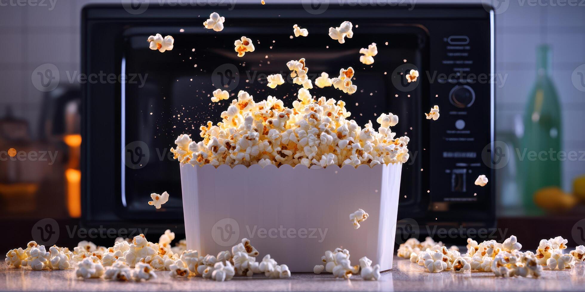Freshly popped popcorn bursts from a bowl next to a microwave in a cozy kitchen setting during a movie night photo