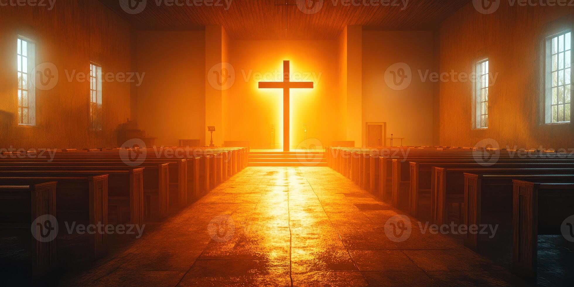 Light illuminates a church interior featuring a prominent cross at sunrise, creating a serene and spiritual atmosphere photo