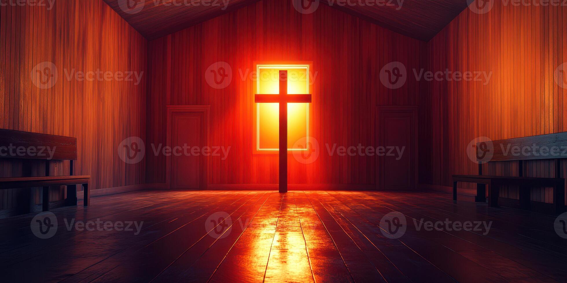 Cross illuminated by warm sunlight in a serene chapel during early morning hours photo