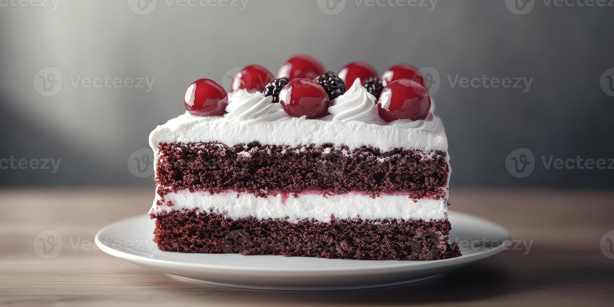 Delicious red velvet cake topped with cherries and cream served on a white plate against a dark background photo