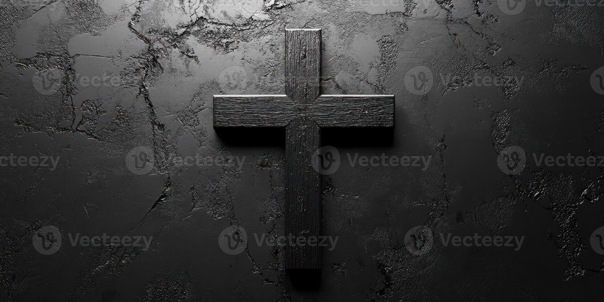 Black wooden cross set against a textured dark background in a somber, reflective atmosphere photo