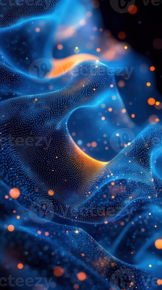 Colorful abstract waves of light and particles create a mesmerizing visual effect in a digital landscape photo