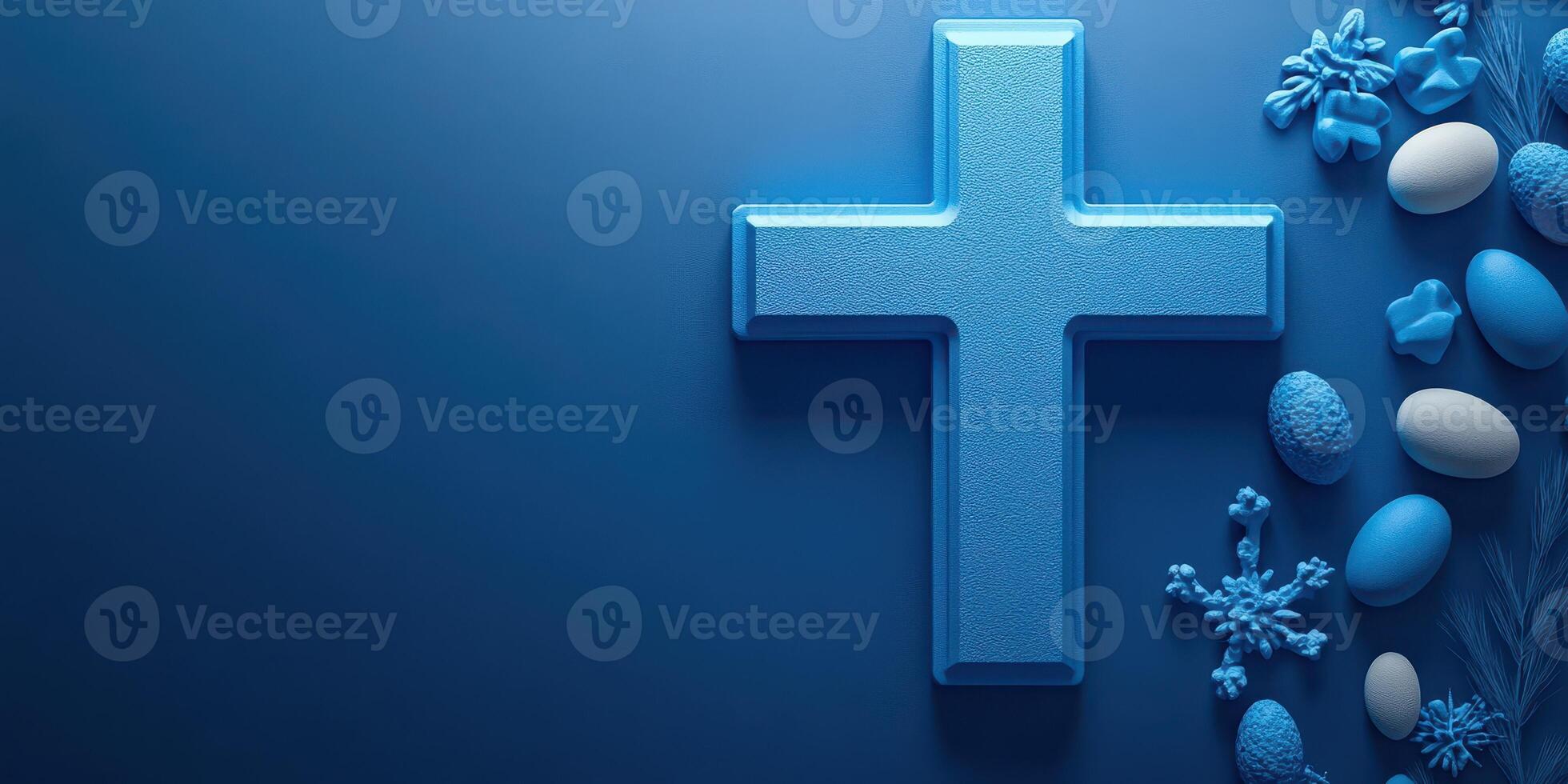 Decorative blue cross with Easter themed items arranged on a blue background for seasonal celebration photo
