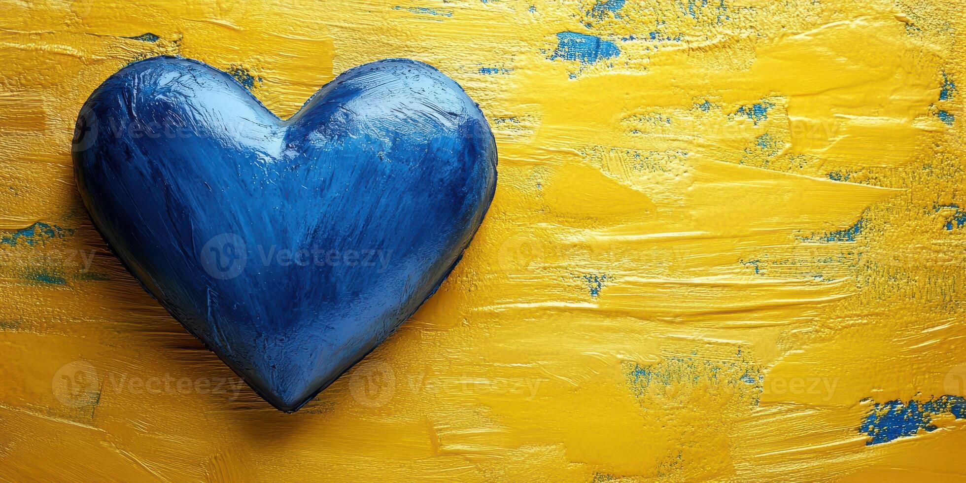 Blue heart on a bright yellow background, symbolizing love and positivity in a vibrant artistic setting photo