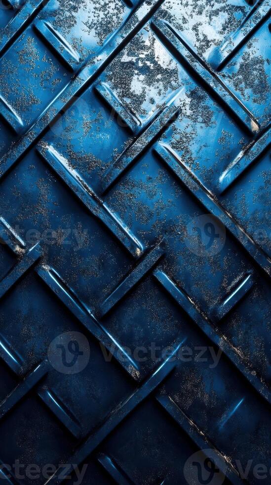 Textured blue metal surface with a distressed pattern observed in urban surroundings during daylight hours photo