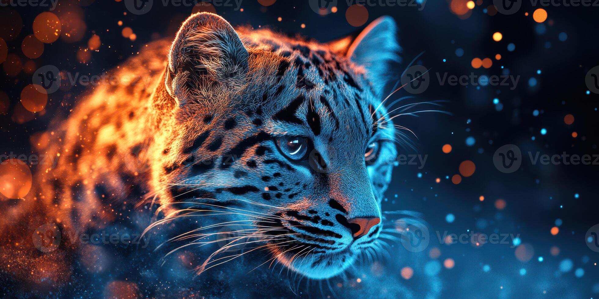 Snow leopard in a dramatic blue and orange light contrasting with dark background photo