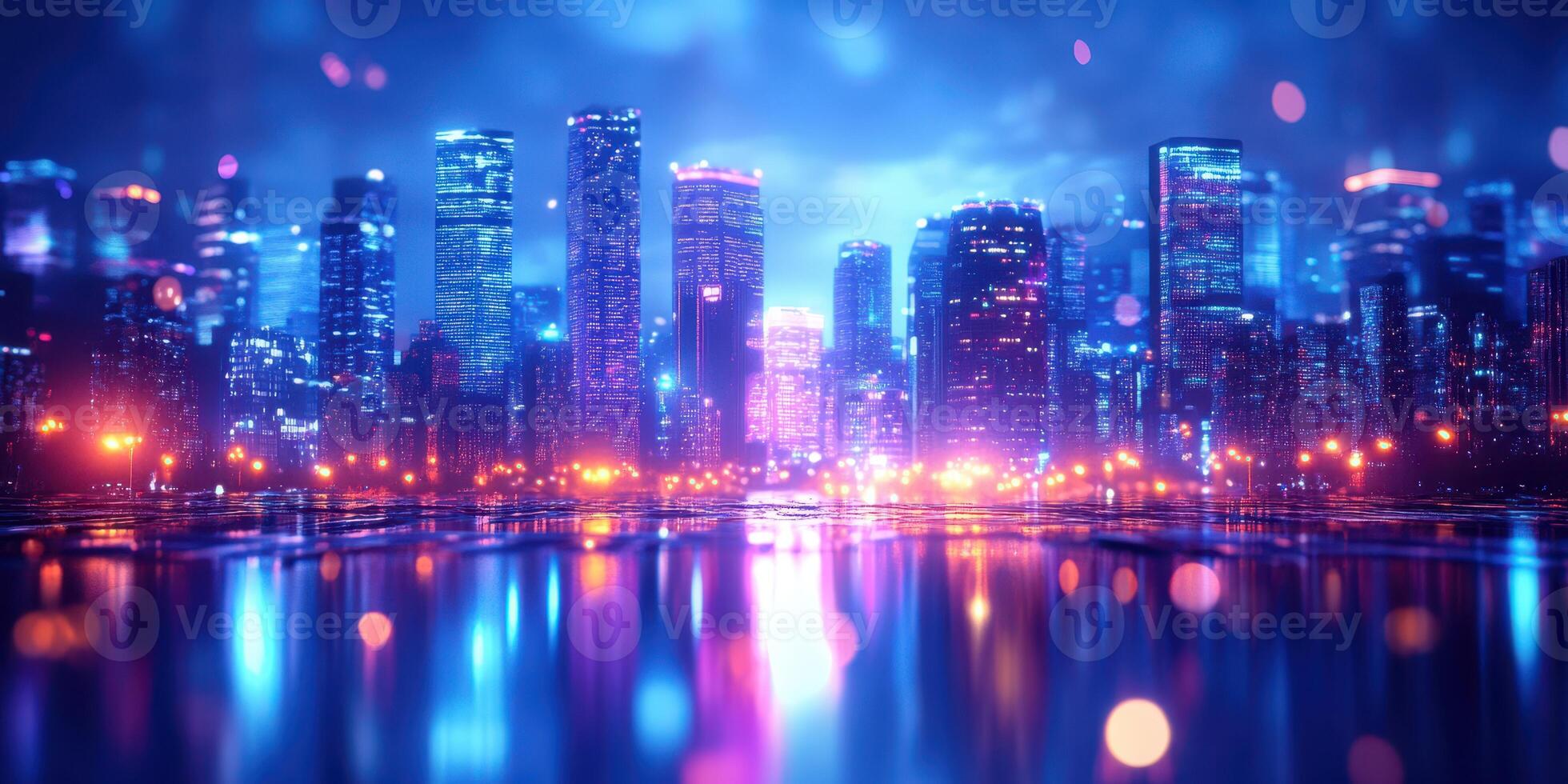 City skyline illuminated by colorful lights at night reflecting in water photo