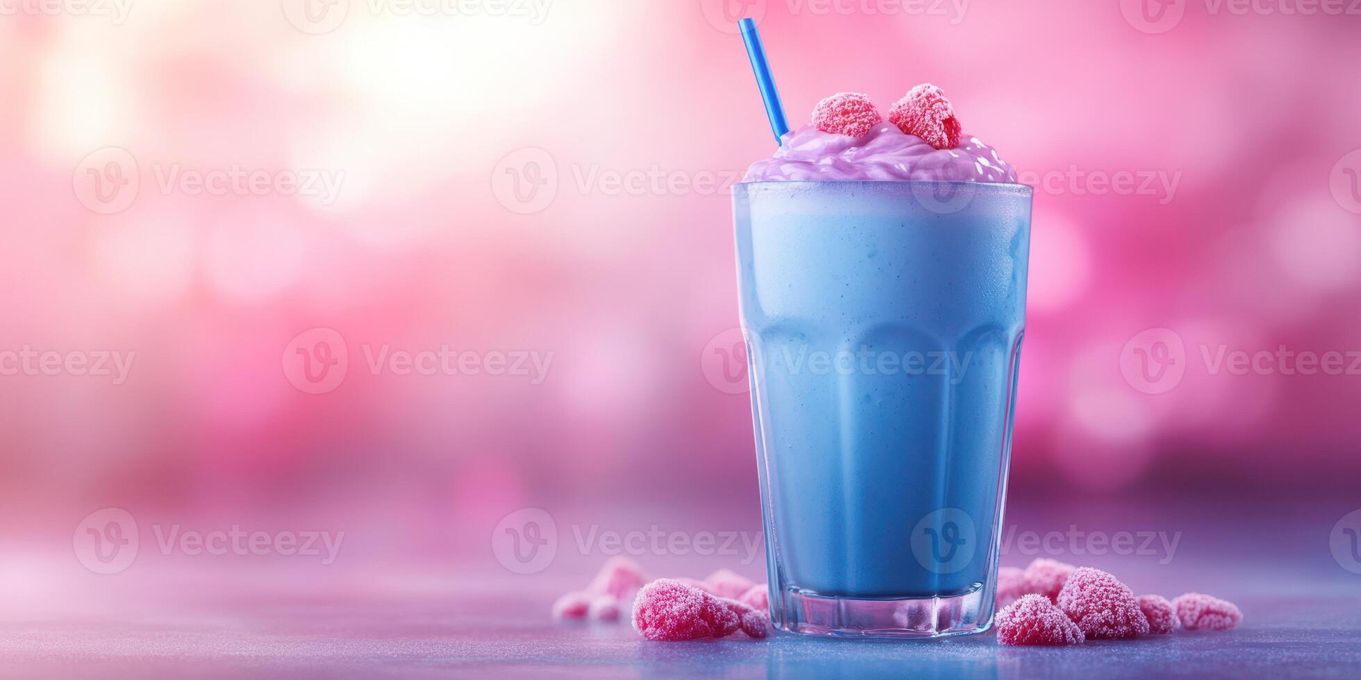 Refreshing blue raspberry milkshake served with whipped cream and candy in a vibrant background photo