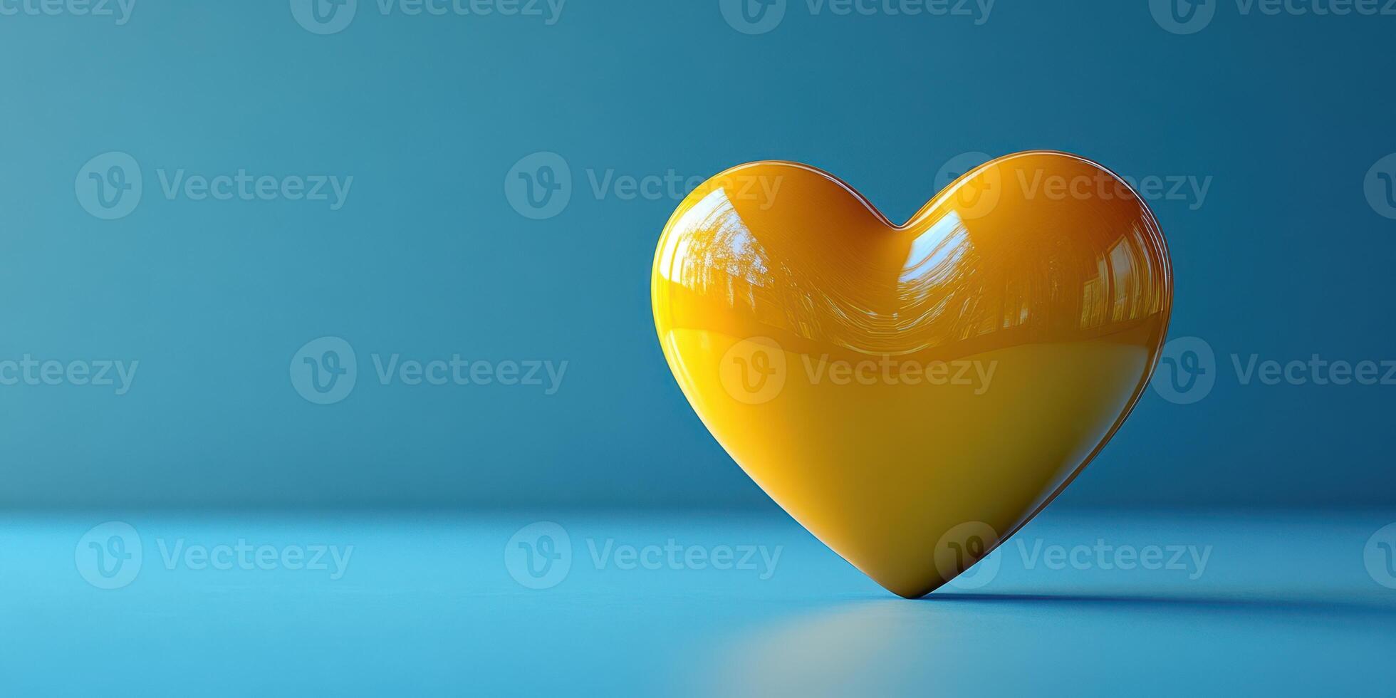 Yellow heart shape on a smooth blue surface creating a cheerful contrast and brightening the atmosphere photo
