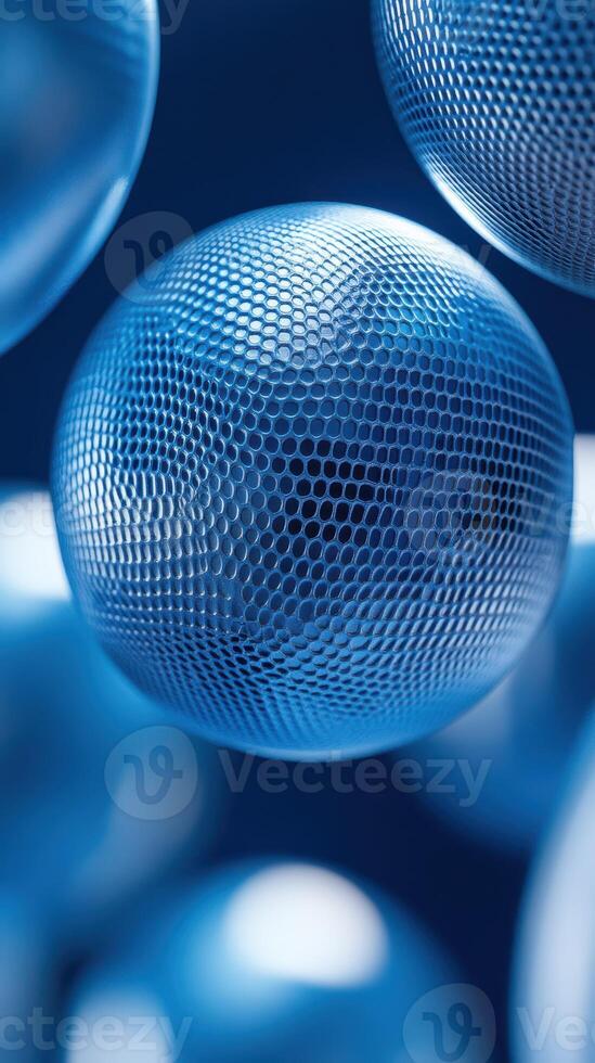 Blue metallic spheres with geometric patterns floating in space create a futuristic atmosphere photo