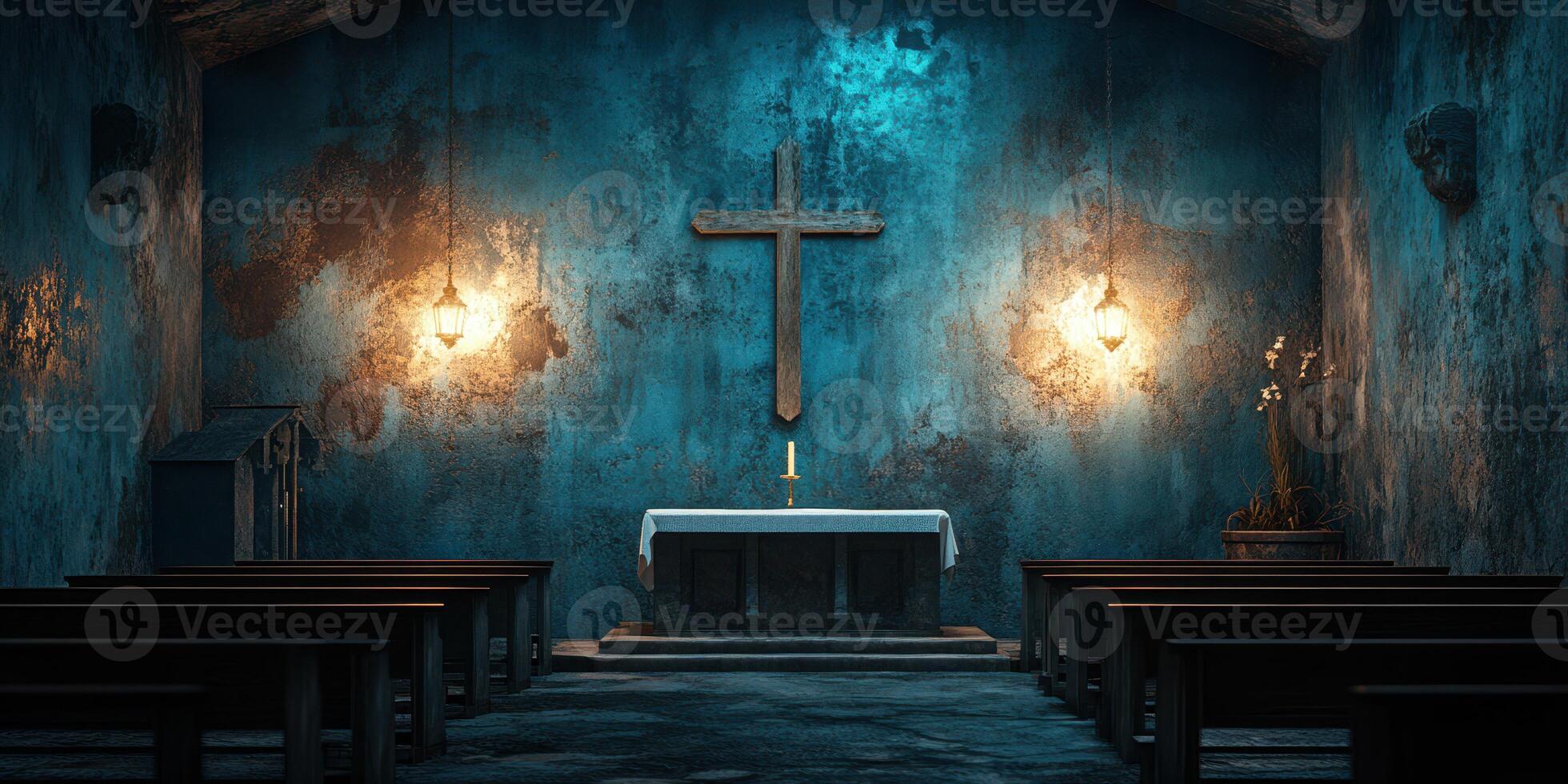 Rustic chapel interior with wooden cross, dim lighting, and serene atmosphere during evening hours photo