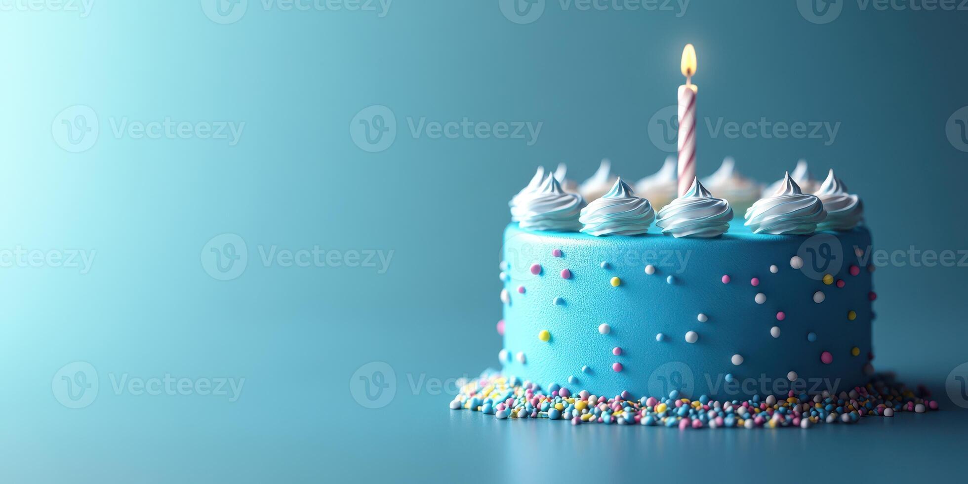 Colorful blue birthday cake with a candle and sprinkles decorated for a celebration photo