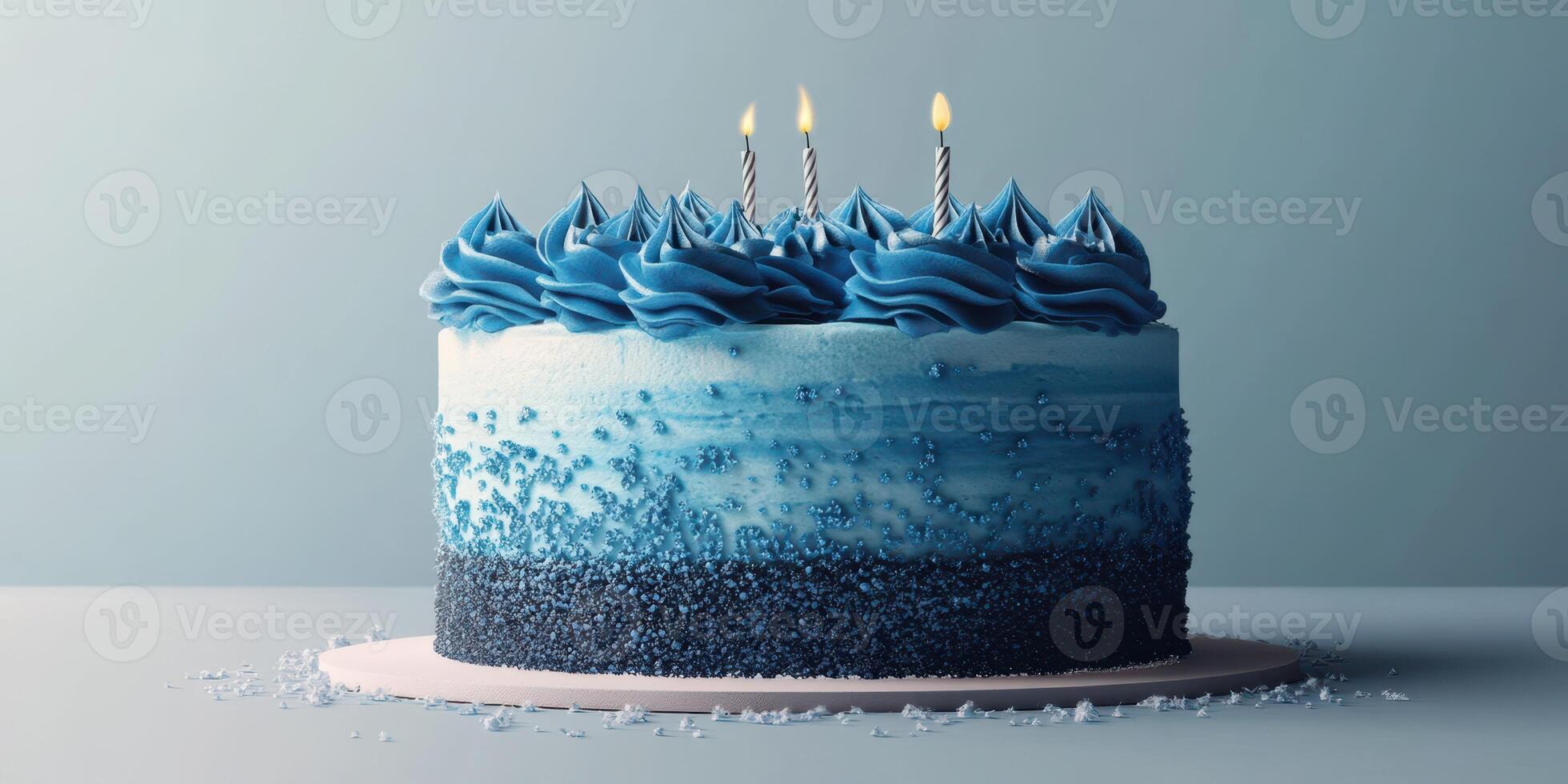 Celebrate a special occasion with a stunning blue ombre cake decorated with three lit candles on a minimalist table photo