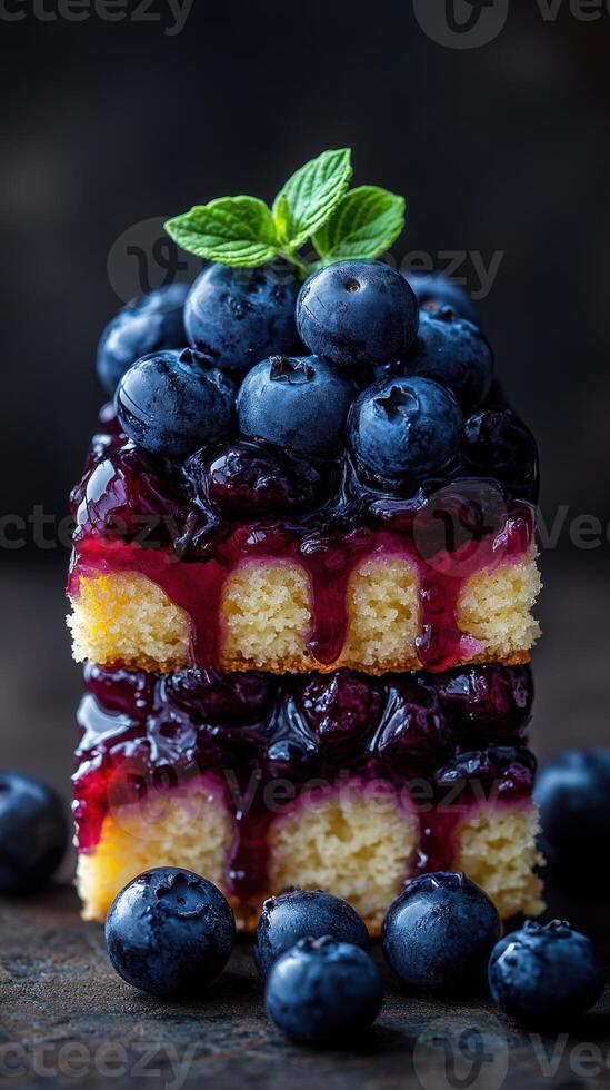 Delicious dessert stack featuring sponge cake, blueberry jam, and fresh blueberries on a dark background photo