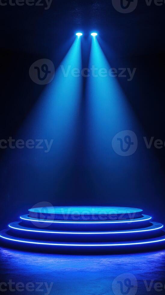 Stage illuminated by blue lights with focused beams highlighting its structure and ambiance for a performance photo