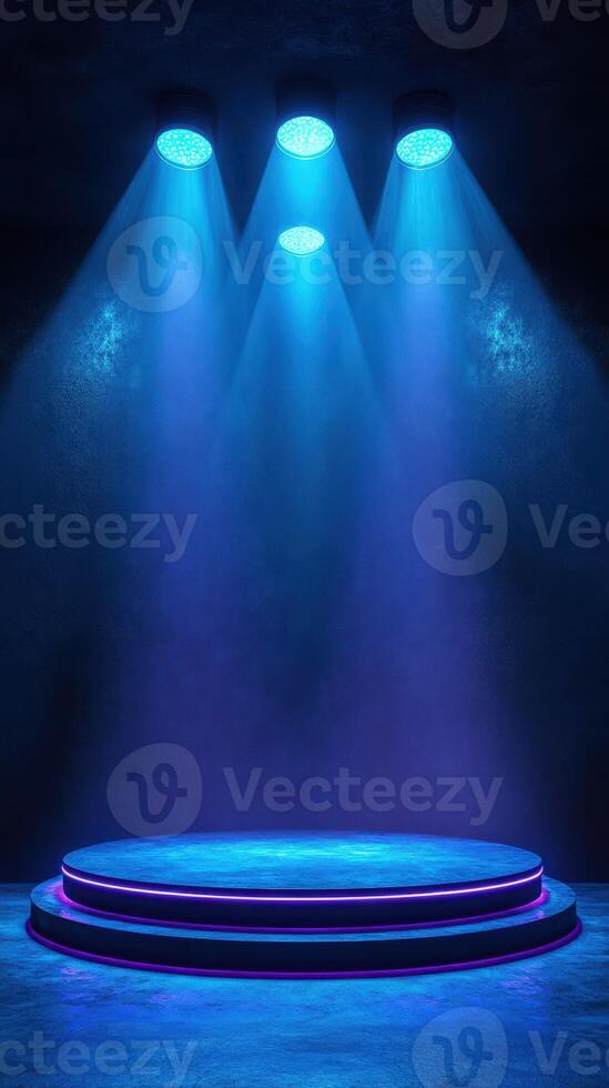Bright blue stage lights illuminating a circular platform in a darkened space for a performance or event photo
