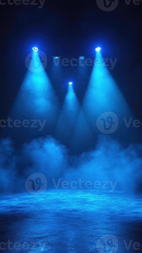 Dramatic blue stage lighting with fog created for a performance setting at night photo