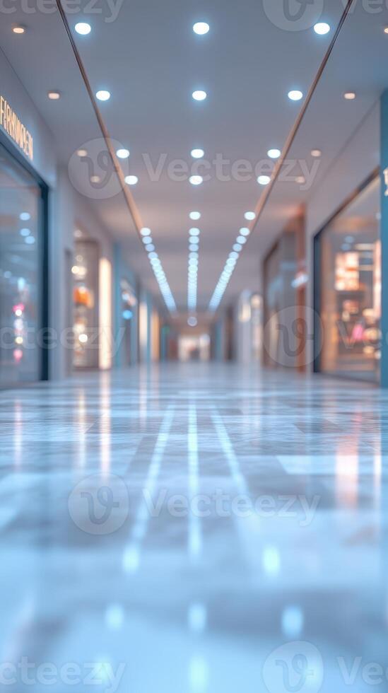 Modern shopping mall corridor features bright lights and polished floor, creating a clean and inviting atmosphere during evening hours photo