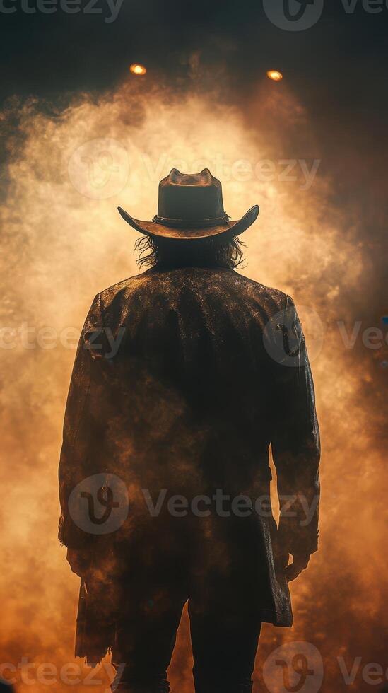 Mysterious figure in cowboy hat surrounded by smoke at a nighttime event in an urban location photo