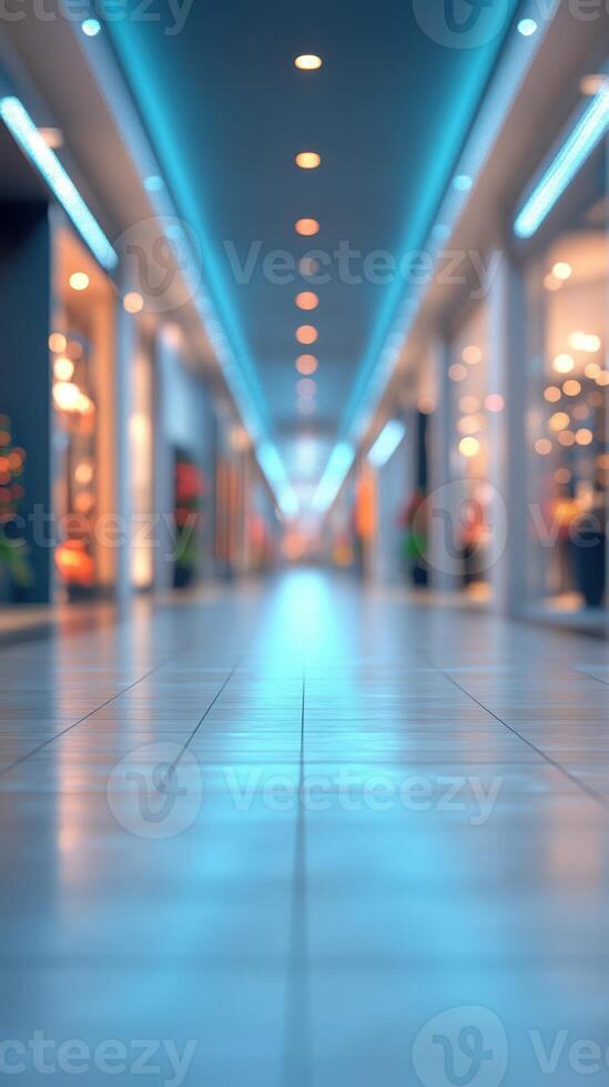 Brightly lit shopping mall corridor with modern design and soft reflections on the polished floor photo