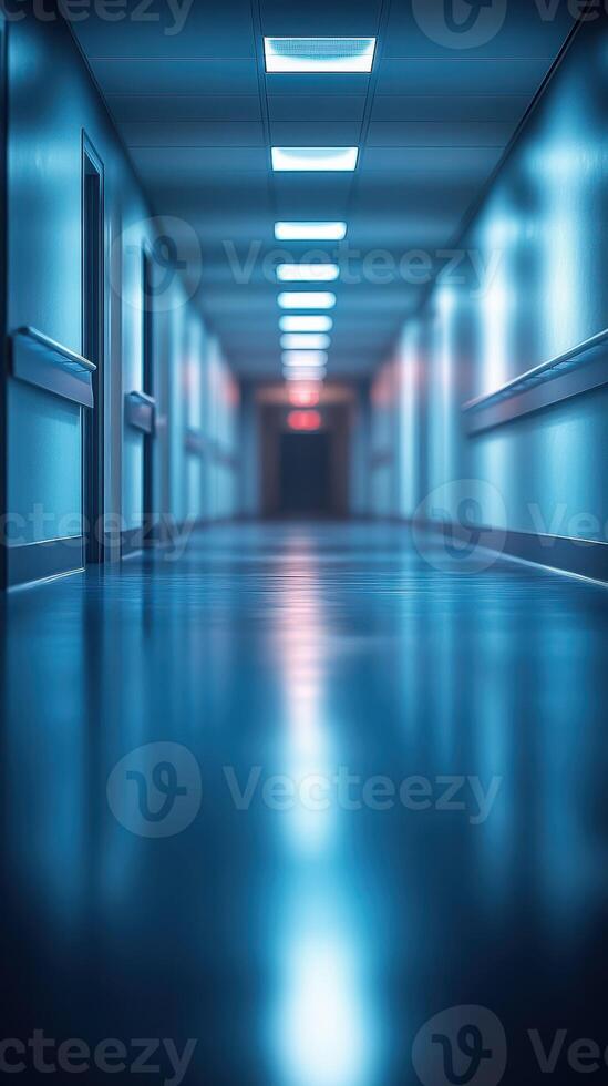 Long corridor illuminated by dim lights at night with a mysterious atmosphere in an empty building photo